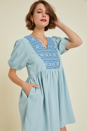 V-NECK EMBROIDERED BABYDOLL DRESS
