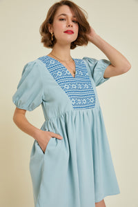 V-NECK EMBROIDERED BABYDOLL DRESS
