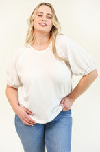 Load image into Gallery viewer, Solid Textured Woven Puff Sleeve Top with Back Bow Tie