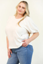 Load image into Gallery viewer, Solid Textured Woven Puff Sleeve Top with Back Bow Tie