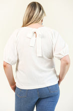Load image into Gallery viewer, Solid Textured Woven Puff Sleeve Top with Back Bow Tie