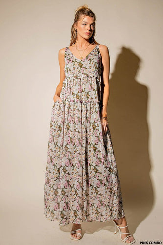 CHIFFON PRINTED DEEP V NECK FULL LINED MAXI DRESS