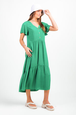 Short Sleeve Woven Tiered V Neck Maxi Dress