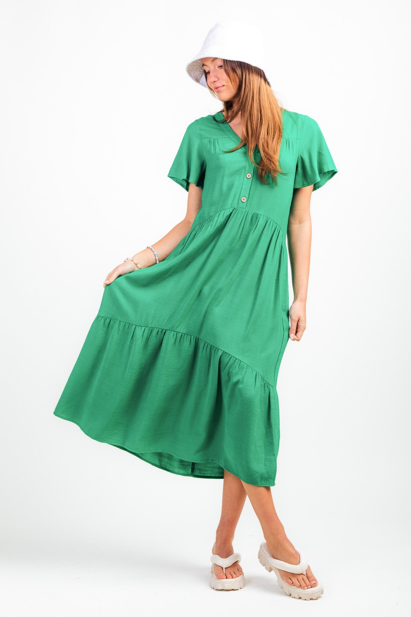Short Sleeve Woven Tiered V Neck Maxi Dress