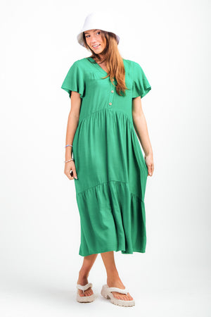 Short Sleeve Woven Tiered V Neck Maxi Dress