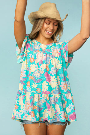 MINT FLORAL RUFFLE FRILL SHORT SLEEVE PEPLUM TOP