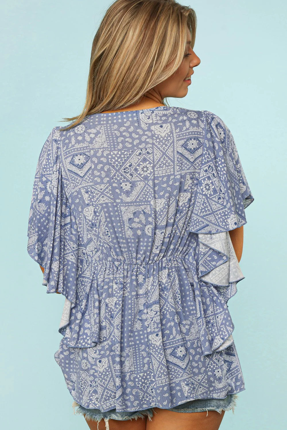 DENIM BLUE BOHO ETHNIC BABYDOLL BUTTONED DOWN BABYDOLL TOP