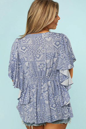 DENIM BLUE BOHO ETHNIC BABYDOLL BUTTONED DOWN BABYDOLL TOP