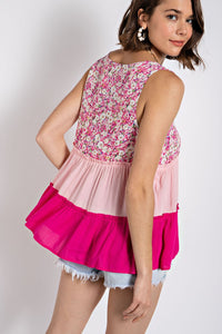 Floral Color Block Ruffle Detail Tiered V-Neck Top