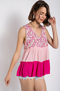 Floral Color Block Ruffle Detail Tiered V-Neck Top