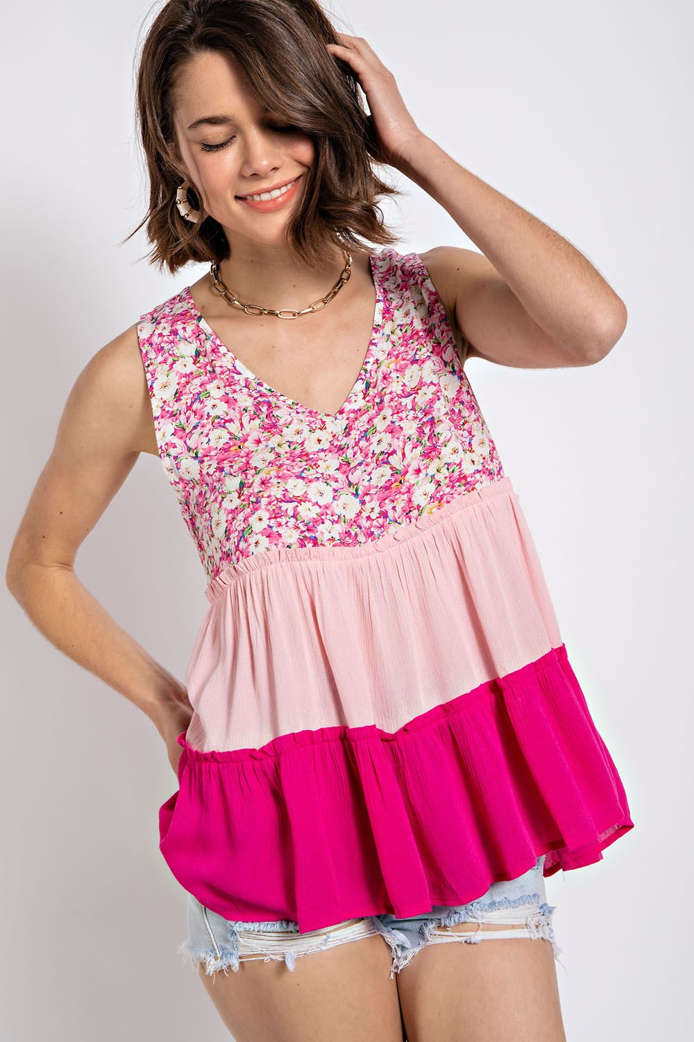 Floral Color Block Ruffle Detail Tiered V-Neck Top