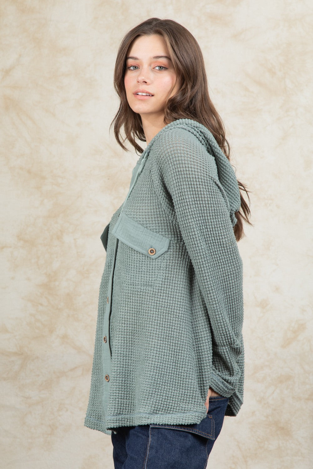 Casual Hooded Waffle Button Up Knit Top
