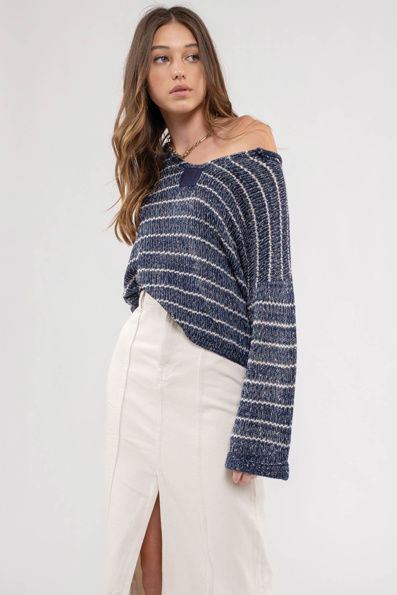STRIPED DROP SHOULDER KNIT SWEATER