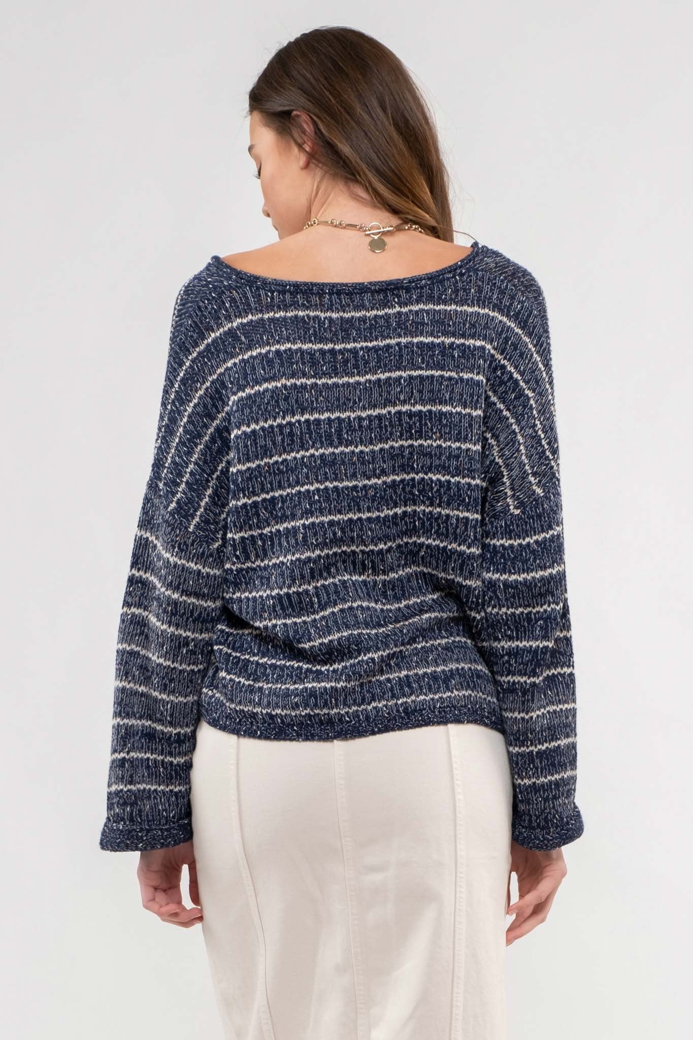 STRIPED DROP SHOULDER KNIT SWEATER