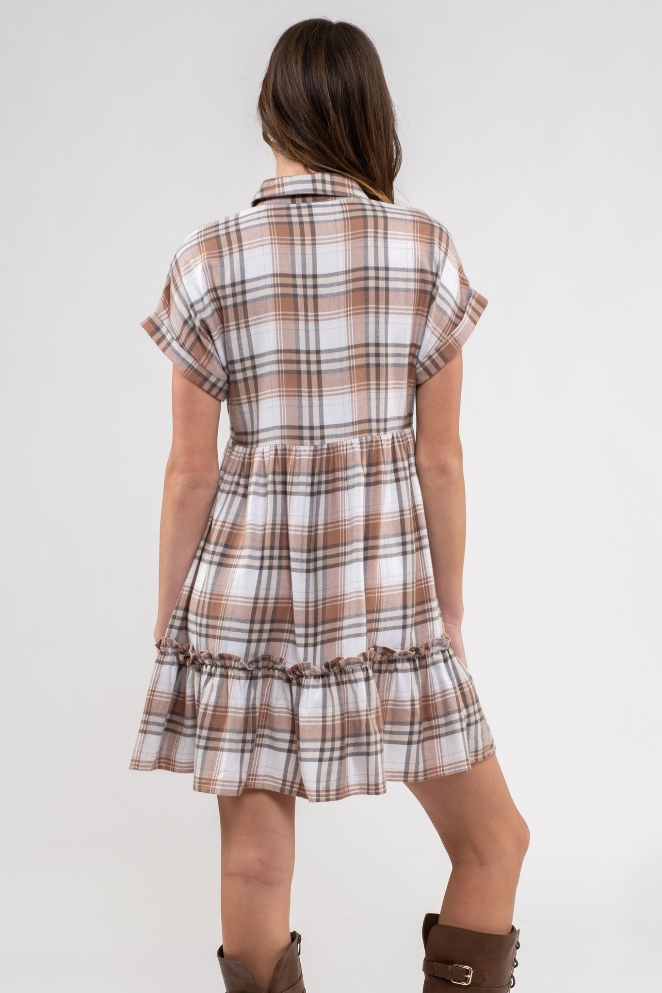 PLAID RUFFLE HEM SHIRT DRESS