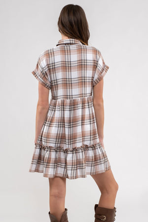 PLAID RUFFLE HEM SHIRT DRESS