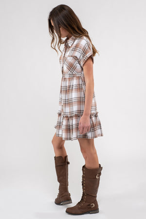 PLAID RUFFLE HEM SHIRT DRESS