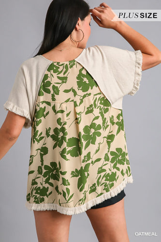 Plus Linen Blend Back Print Top