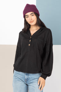 Raw Edge Detail Hooded Knit Henley Top
