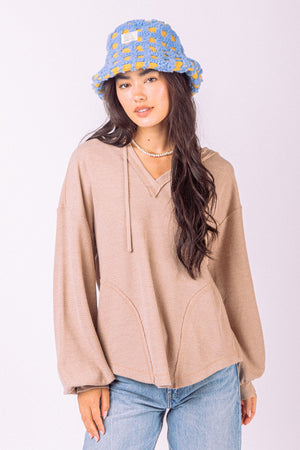 V-neck Puff Sleeve Hooded Knit Top
