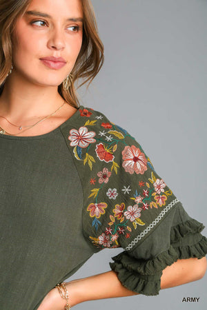 Linen Blend Top with Embroidery Bell Sleeve