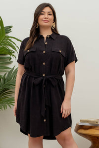 PLUS COLLARED BUTTON DOWN BELTED MINI DRESS
