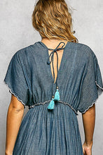 Load image into Gallery viewer, Embroidery Ruffle Neck Loop Cotton Denim V-neck Long Dress