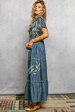 Load image into Gallery viewer, Embroidery Ruffle Neck Loop Cotton Denim V-neck Long Dress