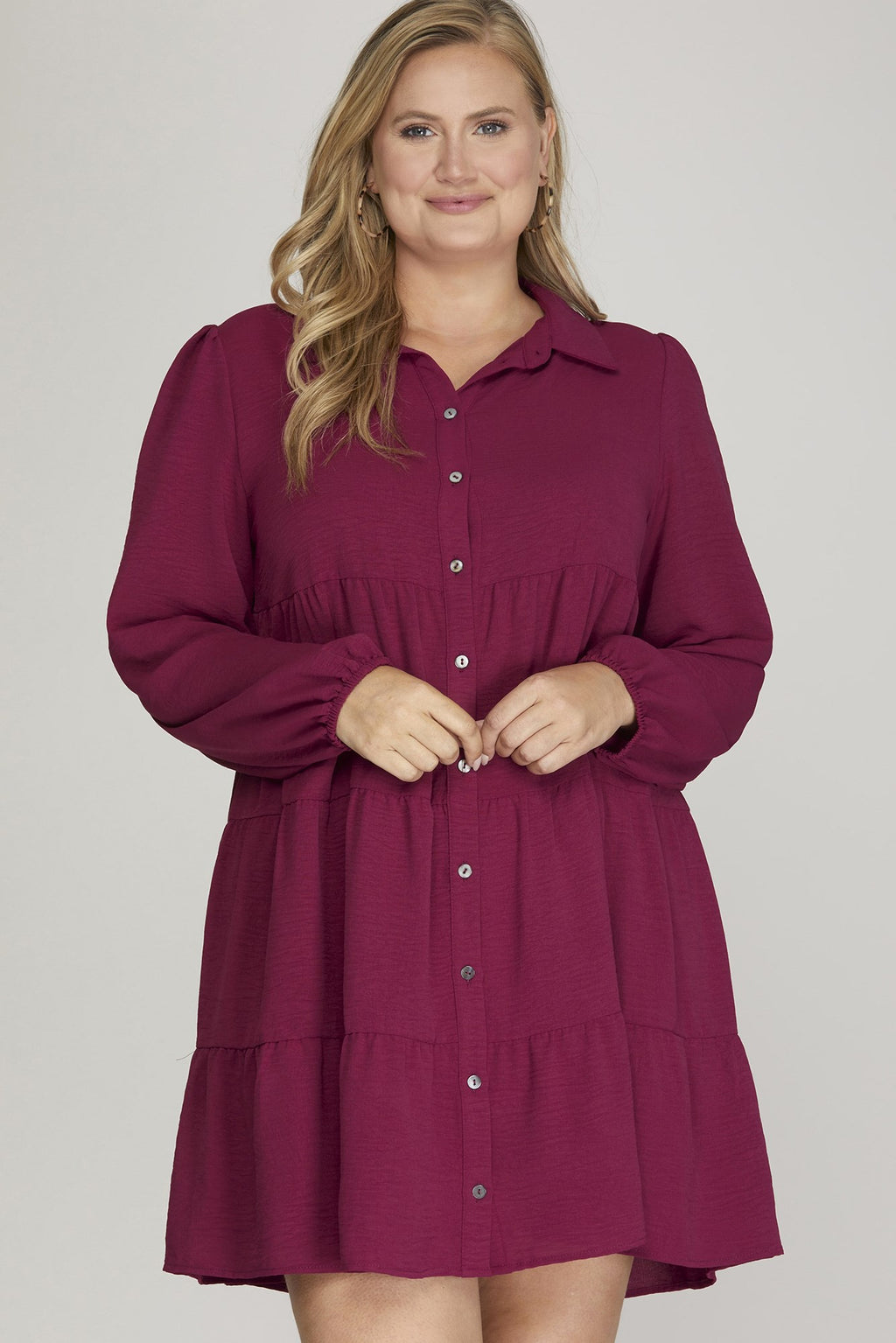 LONG SLEEVE WOVEN TIERED BUTTON DOWN DRESS