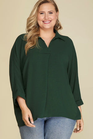 PLUS 3/4 SLEEVE COLLARED WOVEN TOP