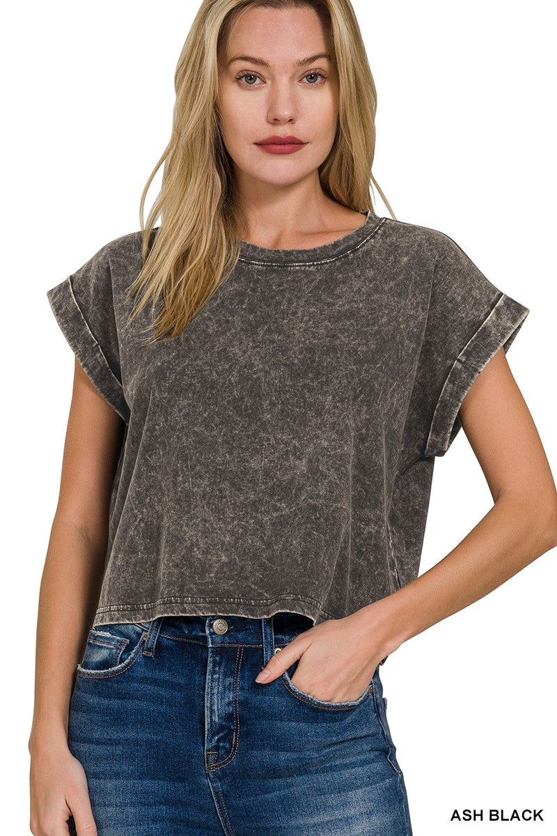 WASHED COTTON CUFFED SHORT SLEEVE TOP