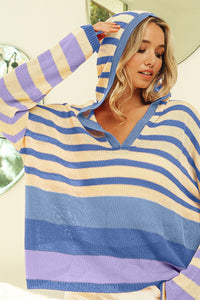 STRIPED COLOR BLOCK LIGHTWEIGHT SWEATER HOODIE