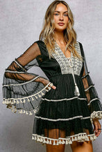 Load image into Gallery viewer, Split Embroidery Tassel Detail V-Neck Flared Short Dress