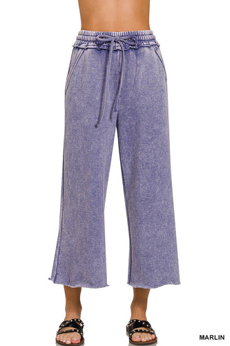 ACID WASH FLEECE PALAZZO SWEATPANTS WITH POCKETS