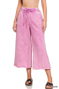 ACID WASH FLEECE PALAZZO SWEATPANTS WITH POCKETS