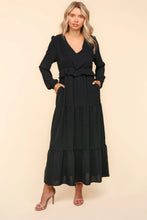 Load image into Gallery viewer, Black V Neck Pintuck Detail Solid Woven Dress