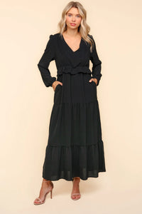 Black V Neck Pintuck Detail Solid Woven Dress
