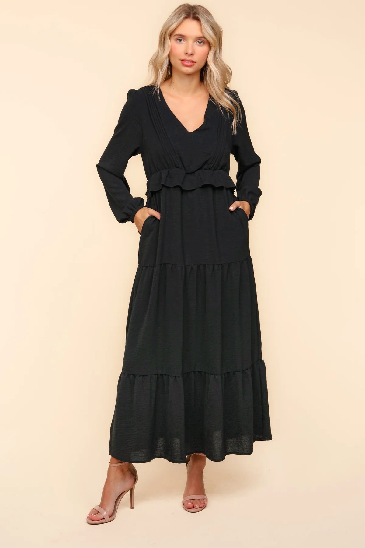 Black V Neck Pintuck Detail Solid Woven Dress
