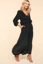 Load image into Gallery viewer, Black V Neck Pintuck Detail Solid Woven Dress