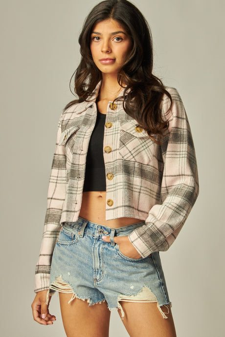 Flannel Plaid Cropped Shacket Button Down Jacket