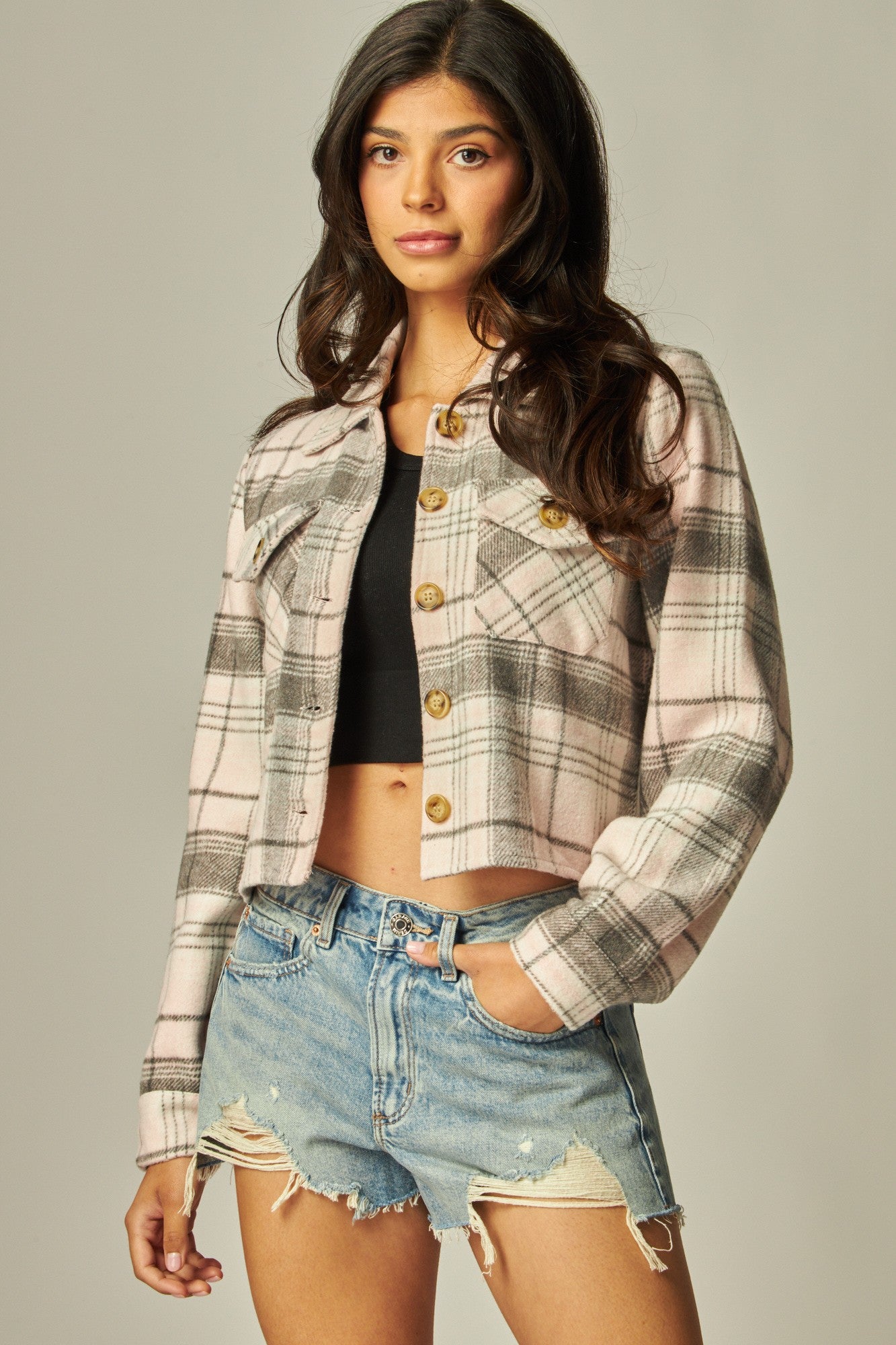 Flannel Plaid Cropped Shacket Button Down Jacket