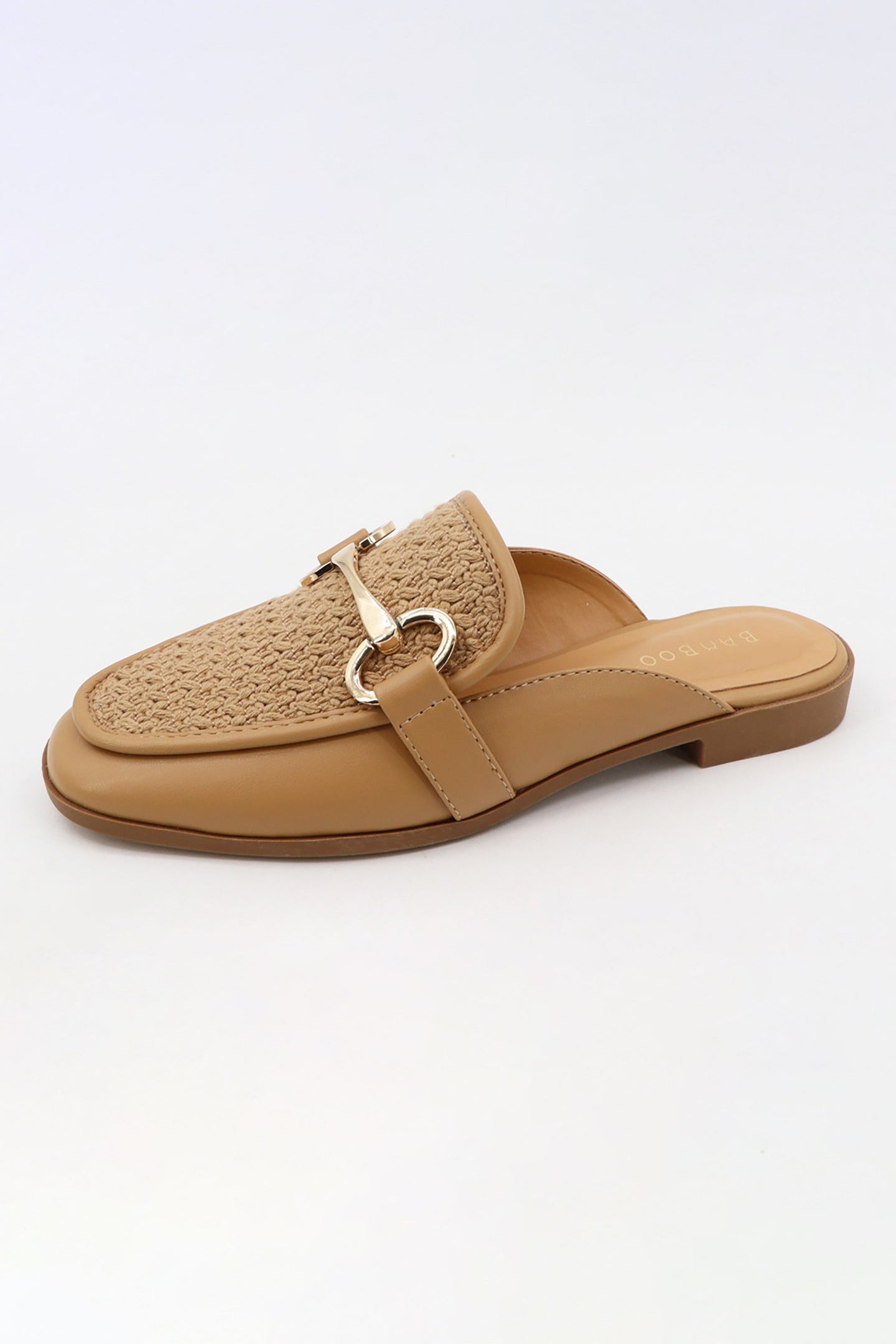 WOVEN MULE FLATS WITH  CHAIN DETAIL