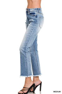 High Rise Straight Raw Hem Cropped Denim Pants