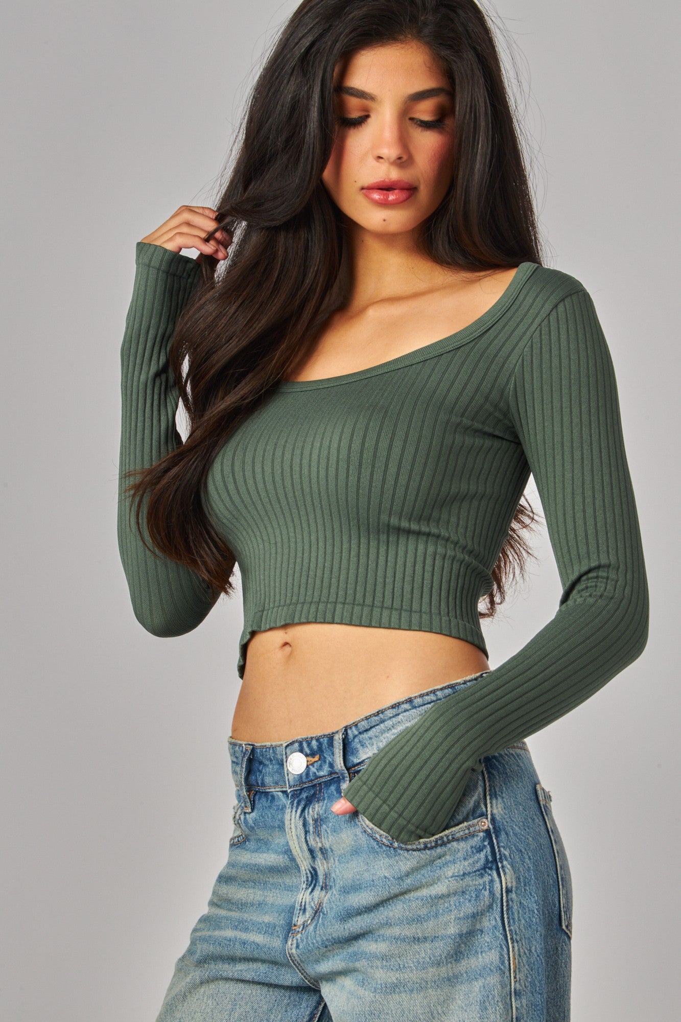 Seamless Square Neck Ribbed Long Sleeve Crop Top