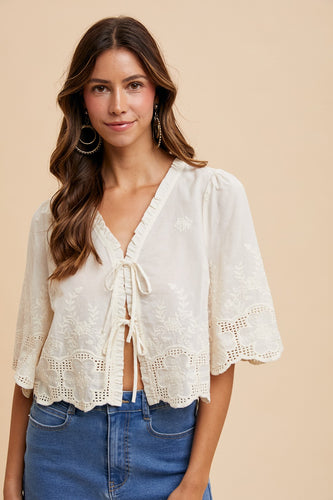 Floral Embroidery Tie Front Blouse