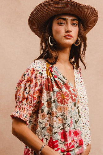 Woven Print Mix And Match Peasant Top