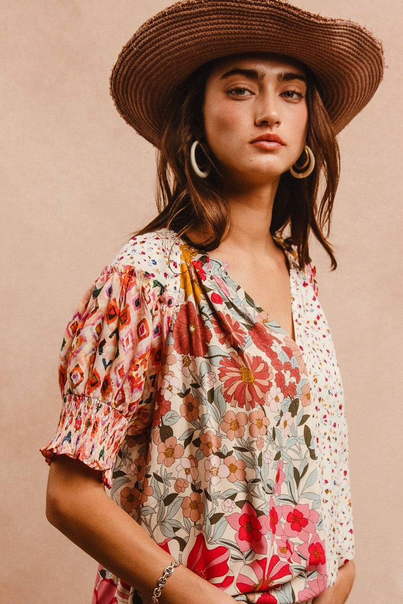 Woven Print Mix And Match Peasant Top