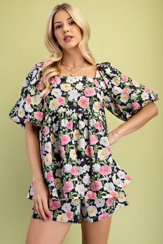 Floral Puff Sleeve Skort-like Romper