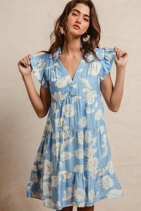 Soft Floral Printed Tiered Dress With Collar