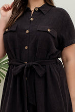 Load image into Gallery viewer, PLUS COLLARED BUTTON DOWN BELTED MINI DRESS
